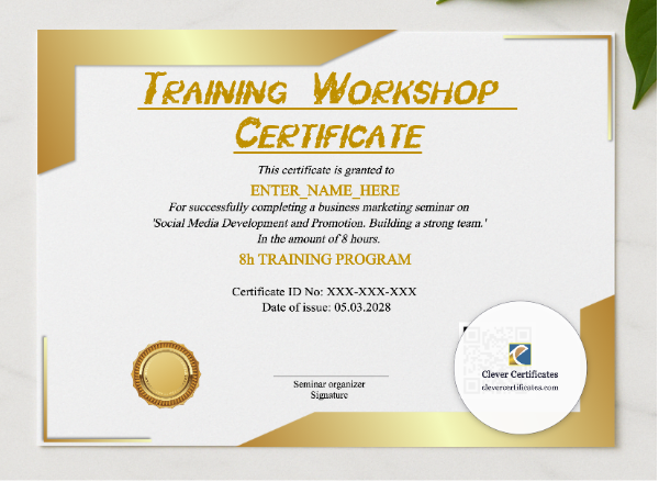 Training Workshop Certificate presented in a sleek wooden frame, elegantly arranged on a stylish table.
