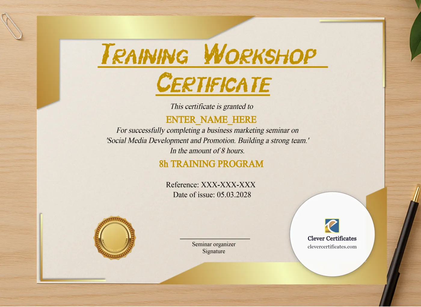 Professional preview of Training Workshop Certificate certificate on high-quality stationery paper, ideal for showcasing the final look.
