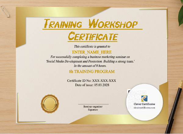 Professional preview of Training Workshop Certificate certificate on high-quality stationery paper, ideal for showcasing the final look.