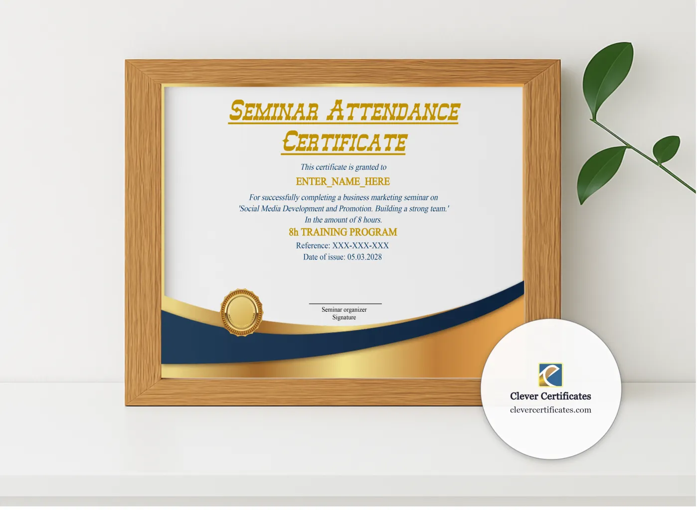 Realistic mockup featuring Seminar Attendance Certificate displayed within a modern frame, set against a minimalistic background.