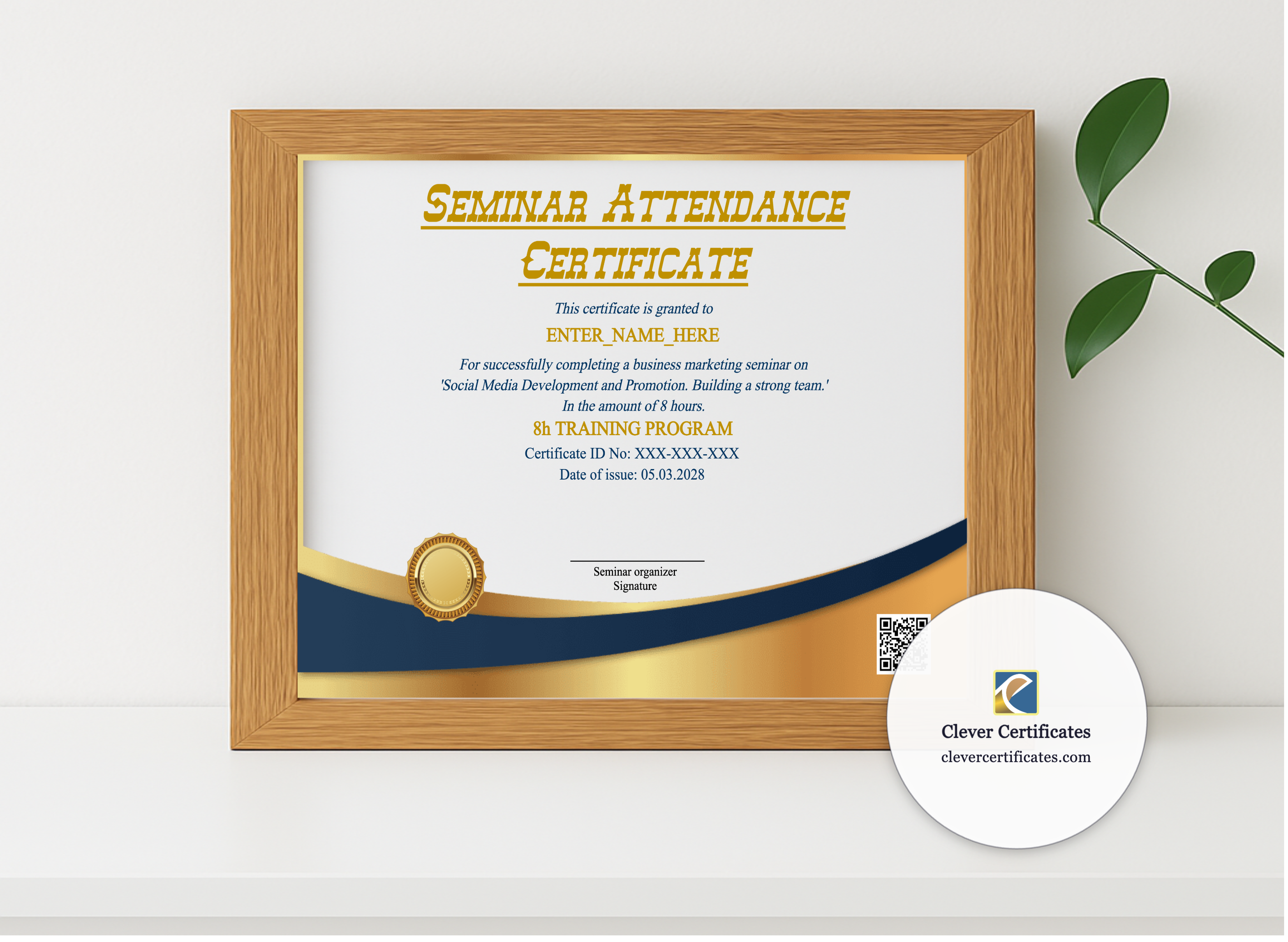 Realistic mockup featuring Seminar Attendance Certificate displayed within a modern frame, set against a minimalistic background.