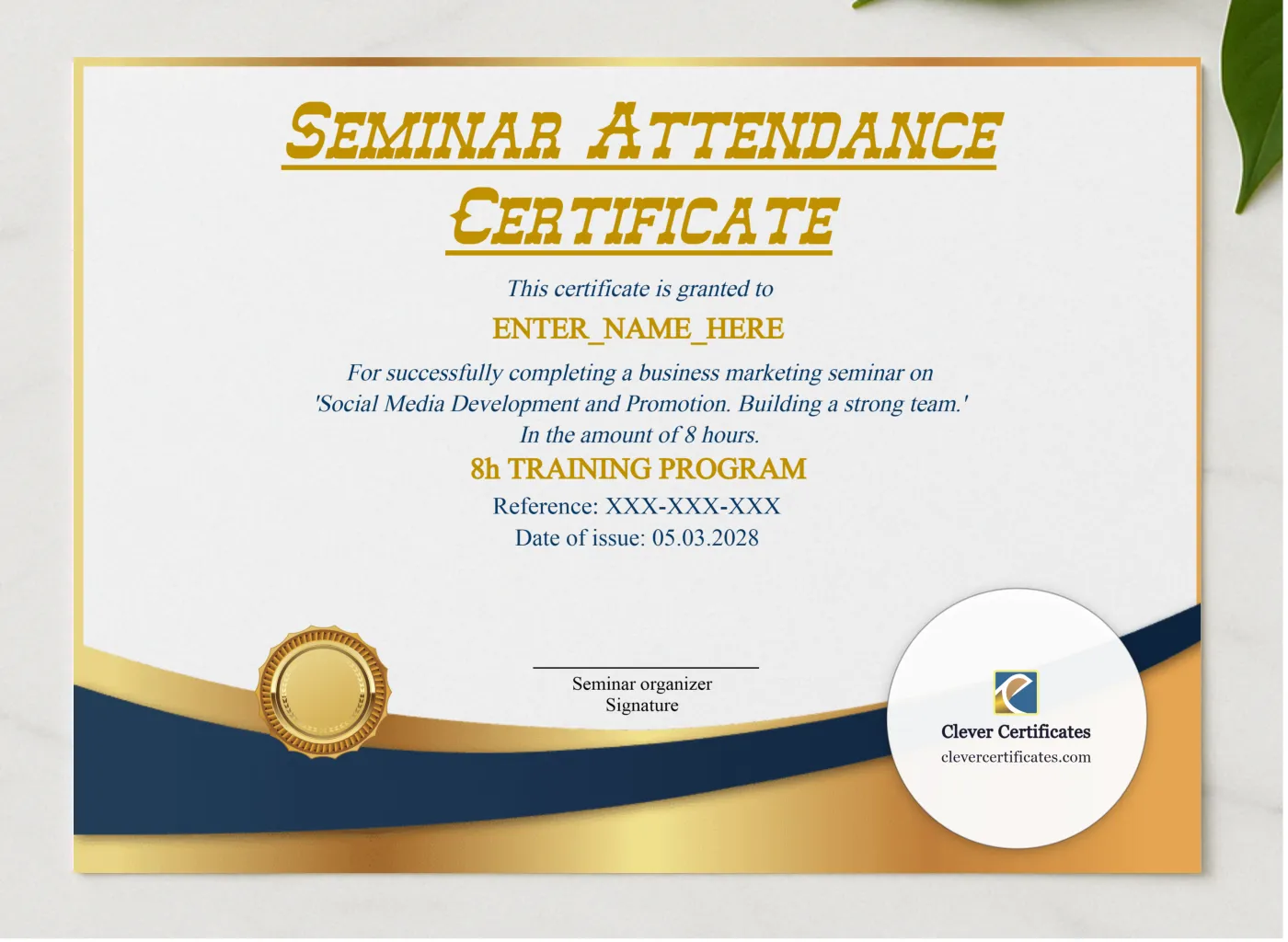 Seminar Attendance Certificate presented in a sleek wooden frame, elegantly arranged on a stylish table.