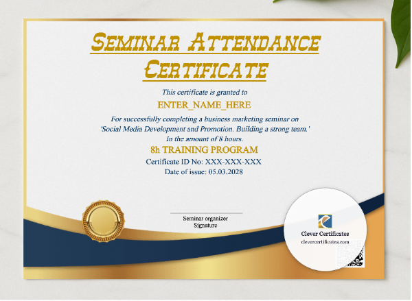 Seminar Attendance Certificate presented in a sleek wooden frame, elegantly arranged on a stylish table.