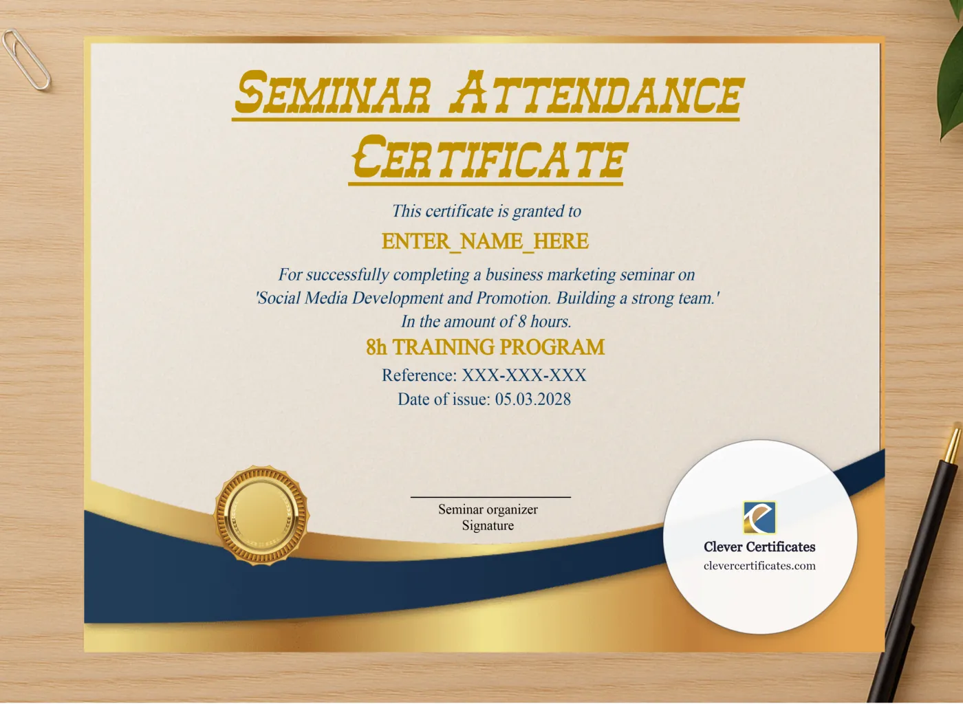 Professional preview of Seminar Attendance Certificate certificate on high-quality stationery paper, ideal for showcasing the final look.