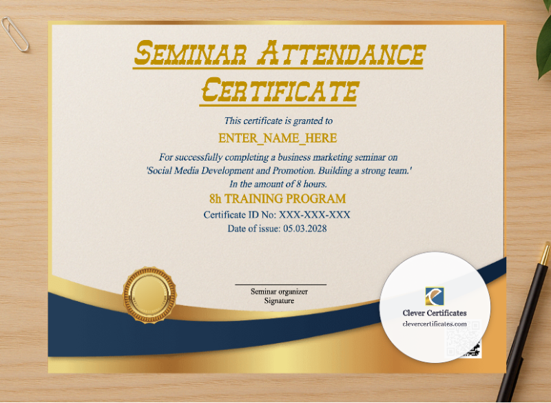 Professional preview of Seminar Attendance Certificate certificate on high-quality stationery paper, ideal for showcasing the final look.