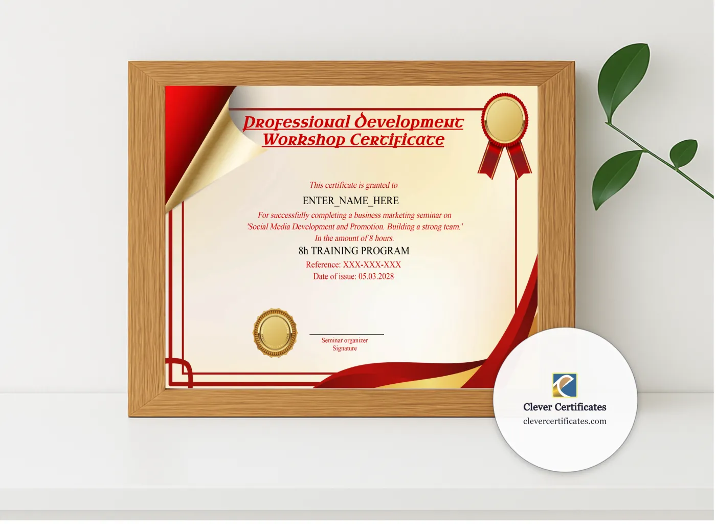 Realistic mockup featuring Professional Development Workshop Certificate displayed within a modern frame, set against a minimalistic background.