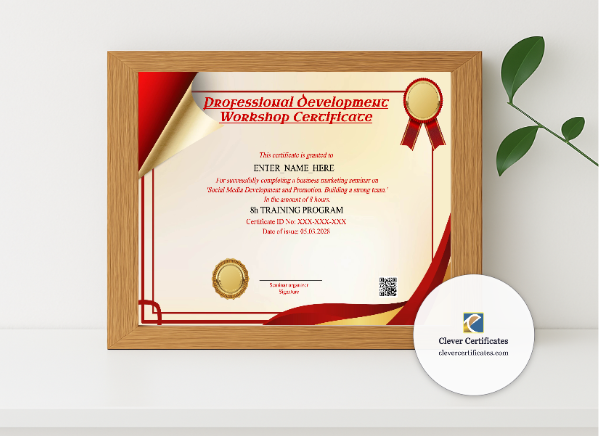 Realistic mockup featuring Professional Development Workshop Certificate displayed within a modern frame, set against a minimalistic background.