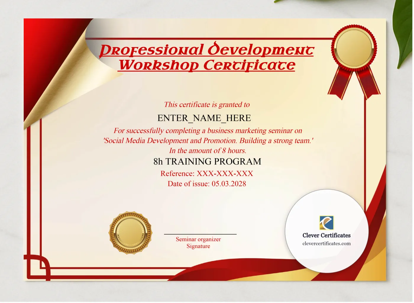 Professional Development Workshop Certificate presented in a sleek wooden frame, elegantly arranged on a stylish table.