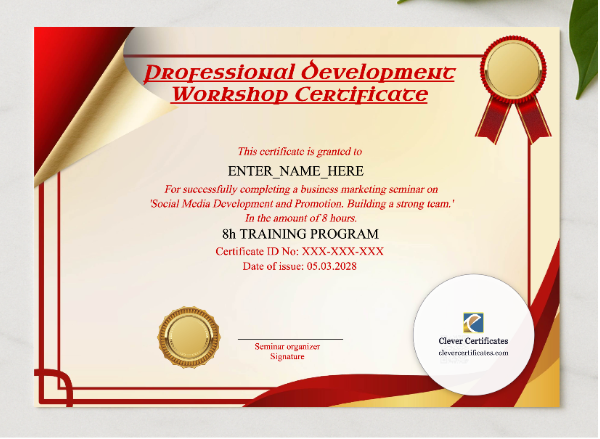 Professional Development Workshop Certificate presented in a sleek wooden frame, elegantly arranged on a stylish table.