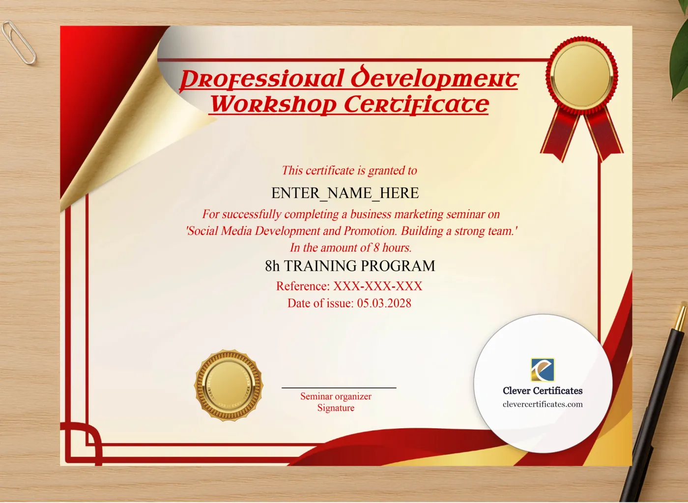 Professional preview of Professional Development Workshop Certificate certificate on high-quality stationery paper, ideal for showcasing the final look.