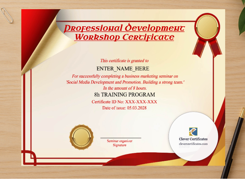 Professional preview of Professional Development Workshop Certificate certificate on high-quality stationery paper, ideal for showcasing the final look.