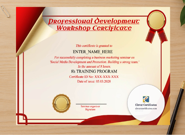 Professional preview of Professional Development Workshop Certificate certificate on high-quality stationery paper, ideal for showcasing the final look.