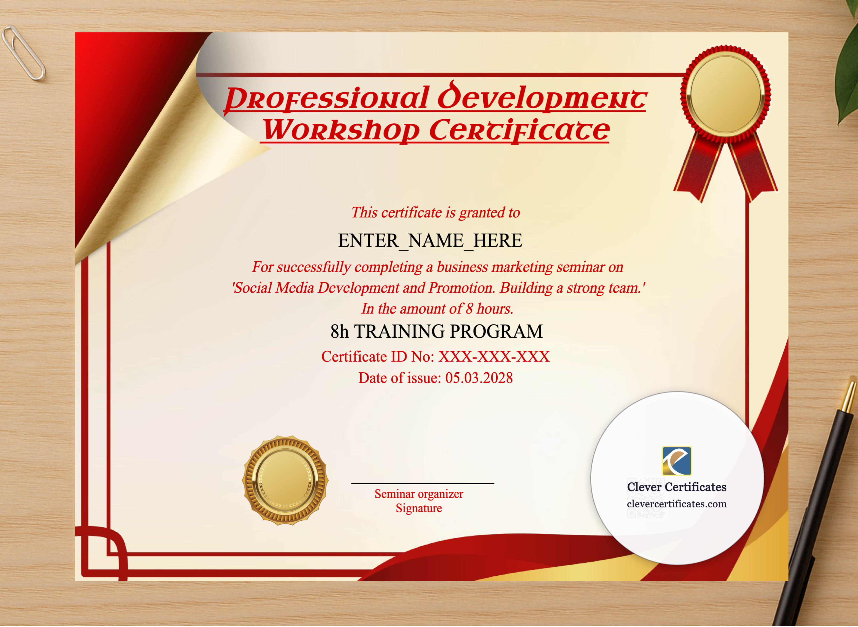 Professional preview of Professional Development Workshop Certificate certificate on high-quality stationery paper, ideal for showcasing the final look.