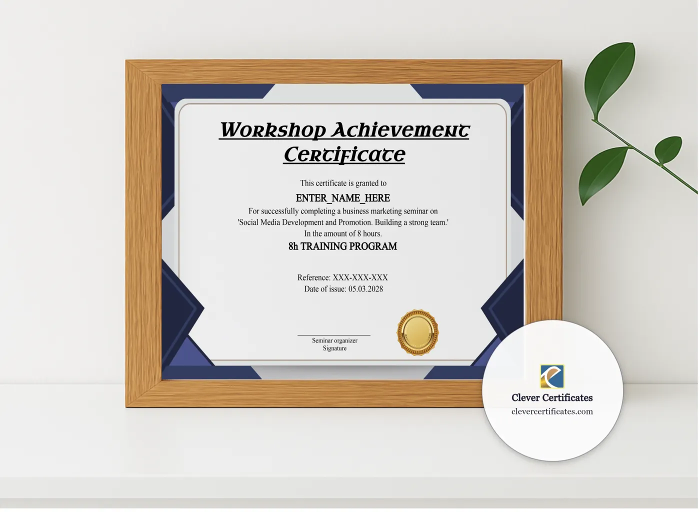 Realistic mockup featuring Workshop Achievement Certificate displayed within a modern frame, set against a minimalistic background.