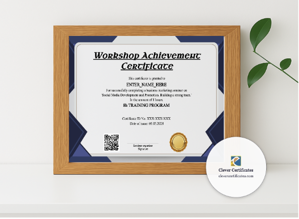 Realistic mockup featuring Workshop Achievement Certificate displayed within a modern frame, set against a minimalistic background.