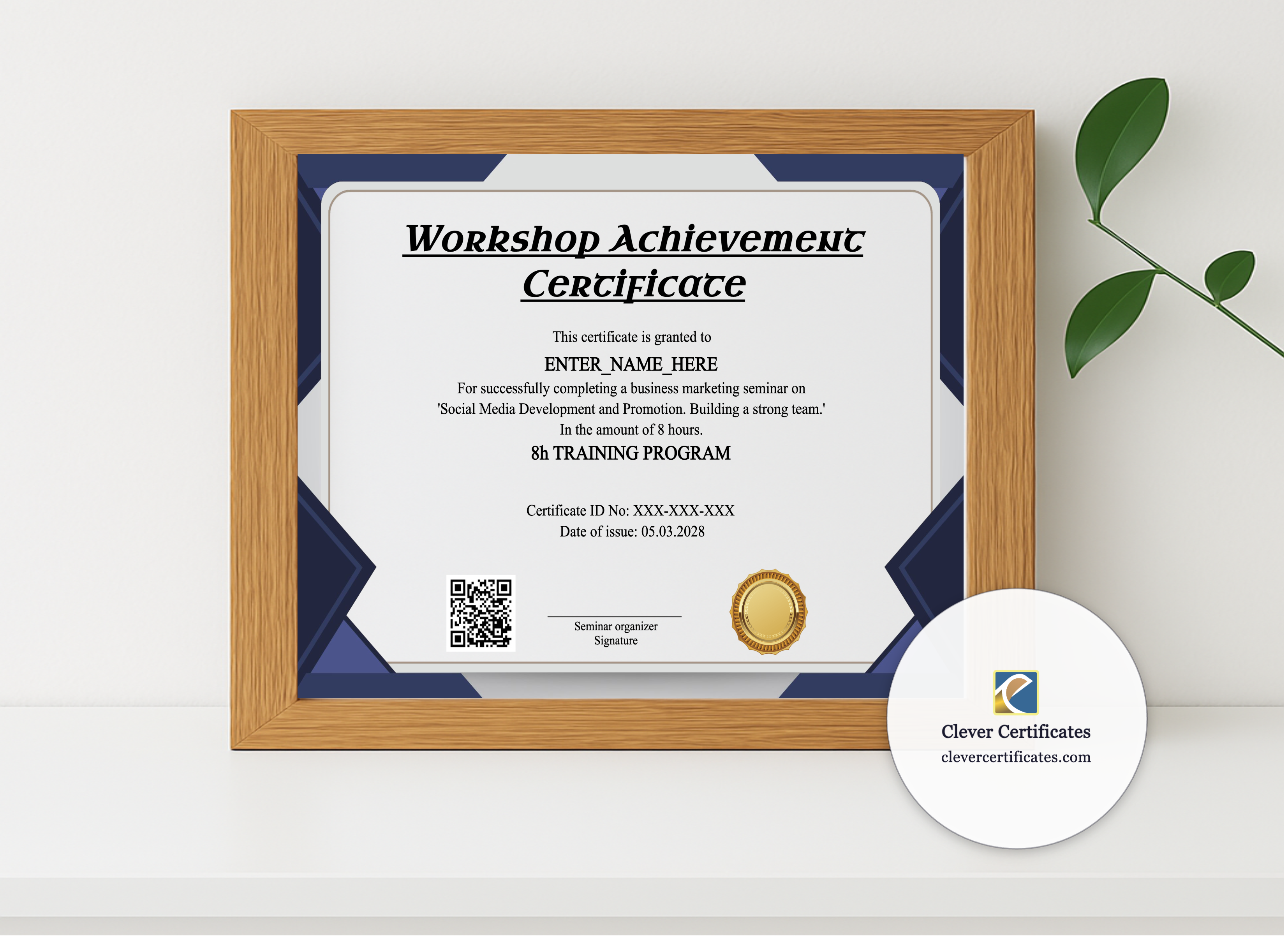Realistic mockup featuring Workshop Achievement Certificate displayed within a modern frame, set against a minimalistic background.