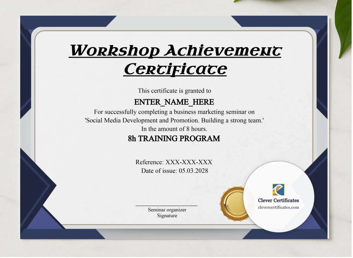 Workshop Achievement Certificate presented in a sleek wooden frame, elegantly arranged on a stylish table.