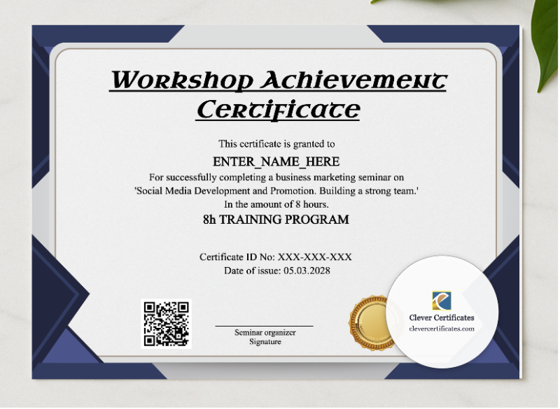 Workshop Achievement Certificate presented in a sleek wooden frame, elegantly arranged on a stylish table.