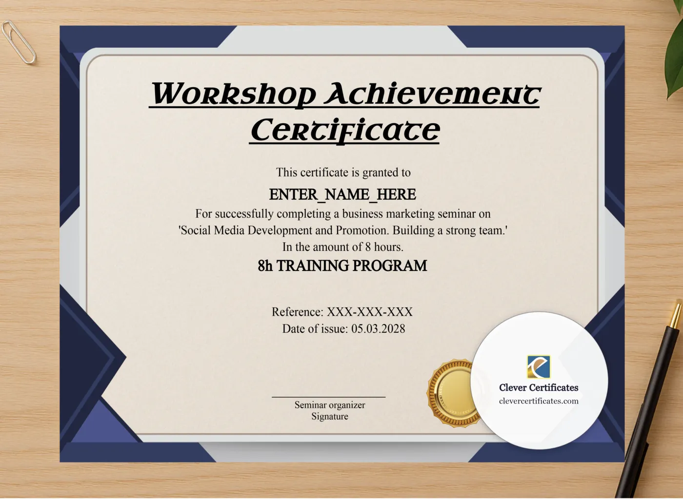 Professional preview of Workshop Achievement Certificate certificate on high-quality stationery paper, ideal for showcasing the final look.