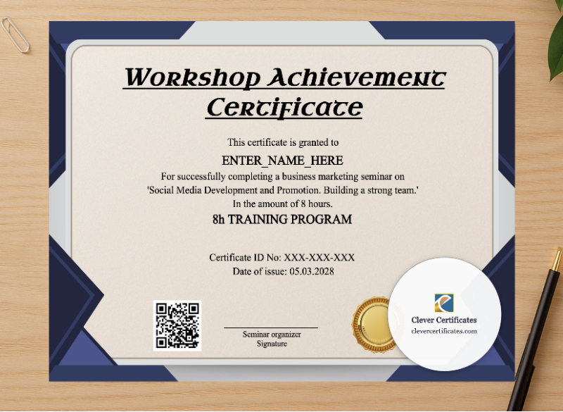 Professional preview of Workshop Achievement Certificate certificate on high-quality stationery paper, ideal for showcasing the final look.