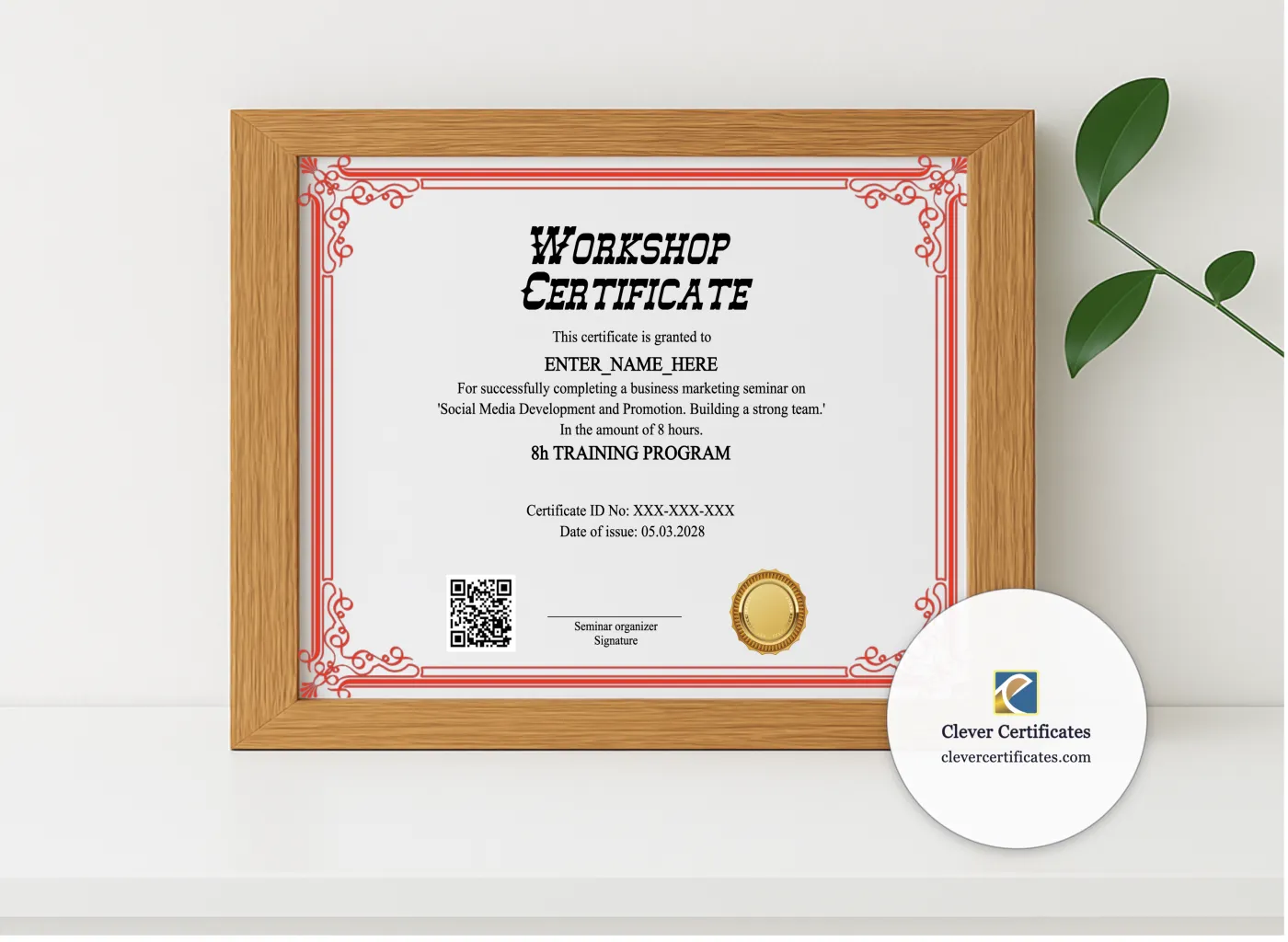 Realistic mockup featuring Seminar Workshop Certificate displayed within a modern frame, set against a minimalistic background.