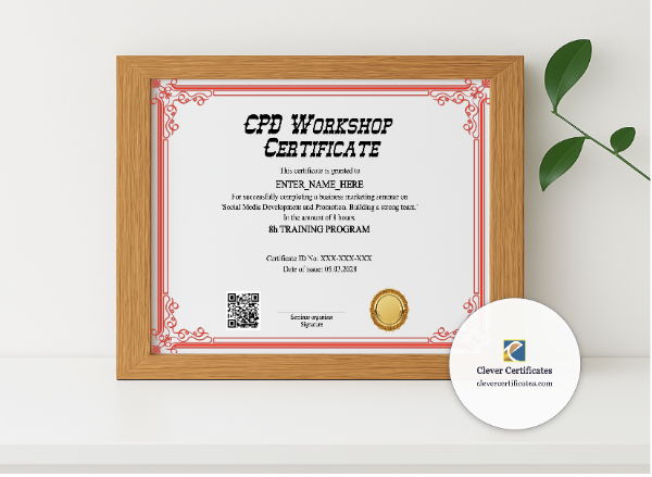 Realistic mockup featuring CPD Workshop Certificate displayed within a modern frame, set against a minimalistic background.