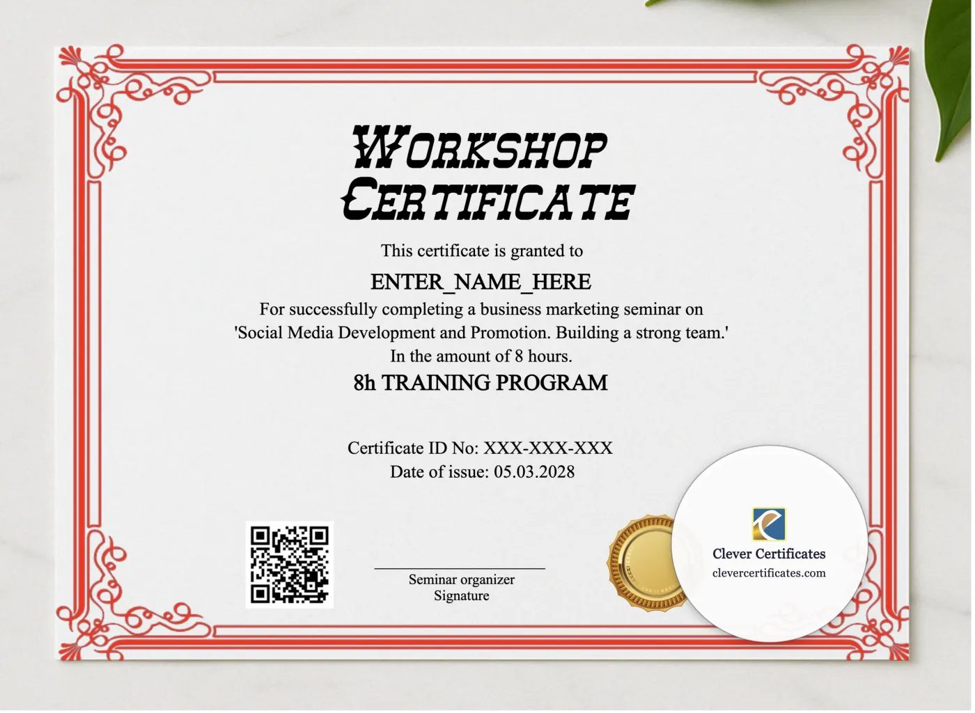 Seminar Workshop Certificate presented in a sleek wooden frame, elegantly arranged on a stylish table.