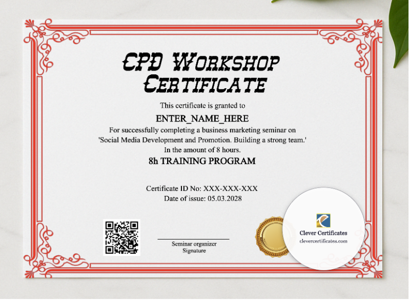 CPD Workshop Certificate presented in a sleek wooden frame, elegantly arranged on a stylish table.