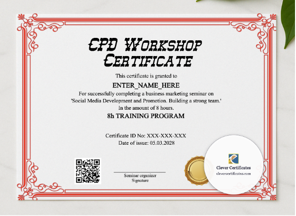 CPD Workshop Certificate presented in a sleek wooden frame, elegantly arranged on a stylish table.