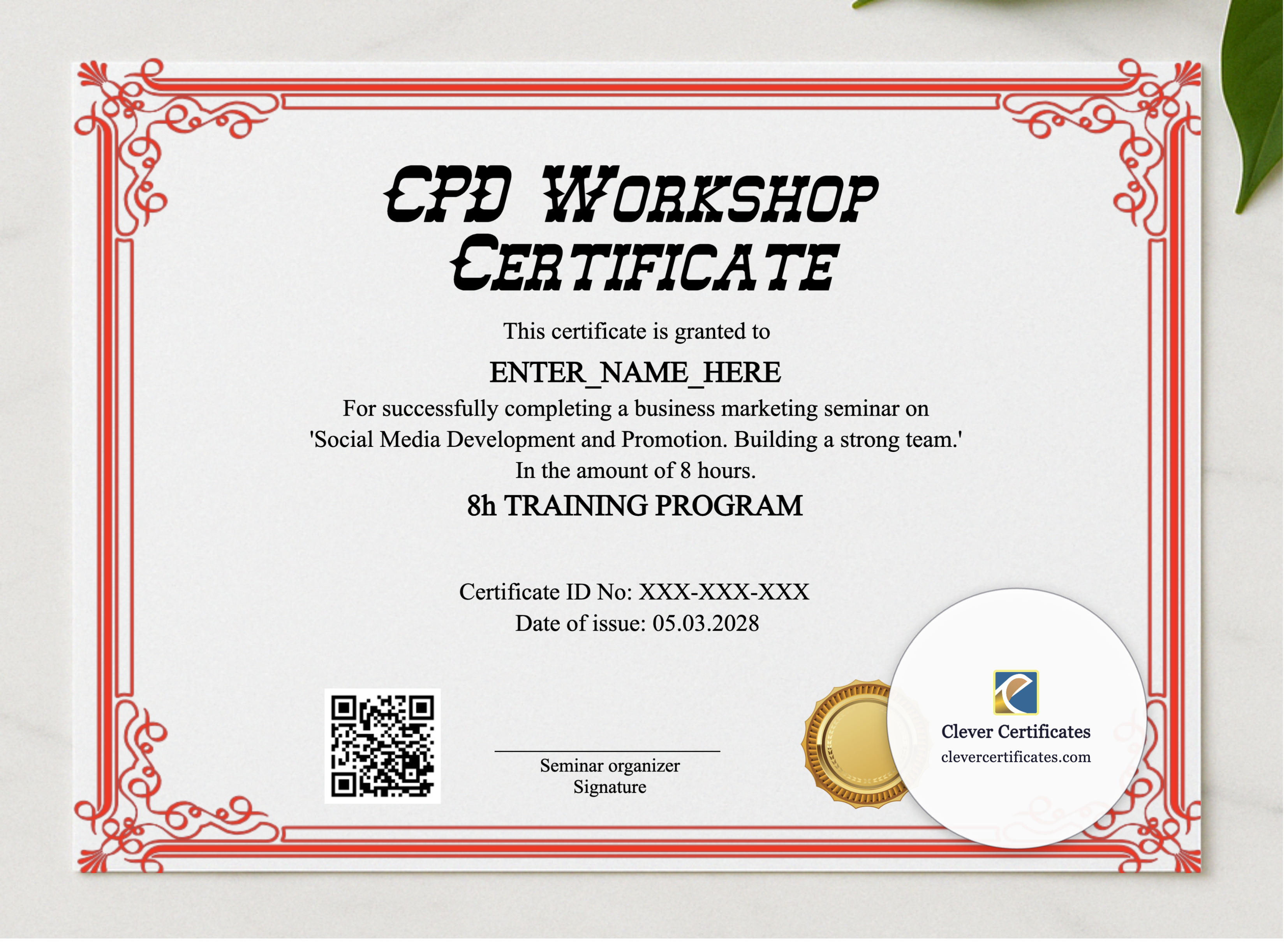 CPD Workshop Certificate presented in a sleek wooden frame, elegantly arranged on a stylish table.