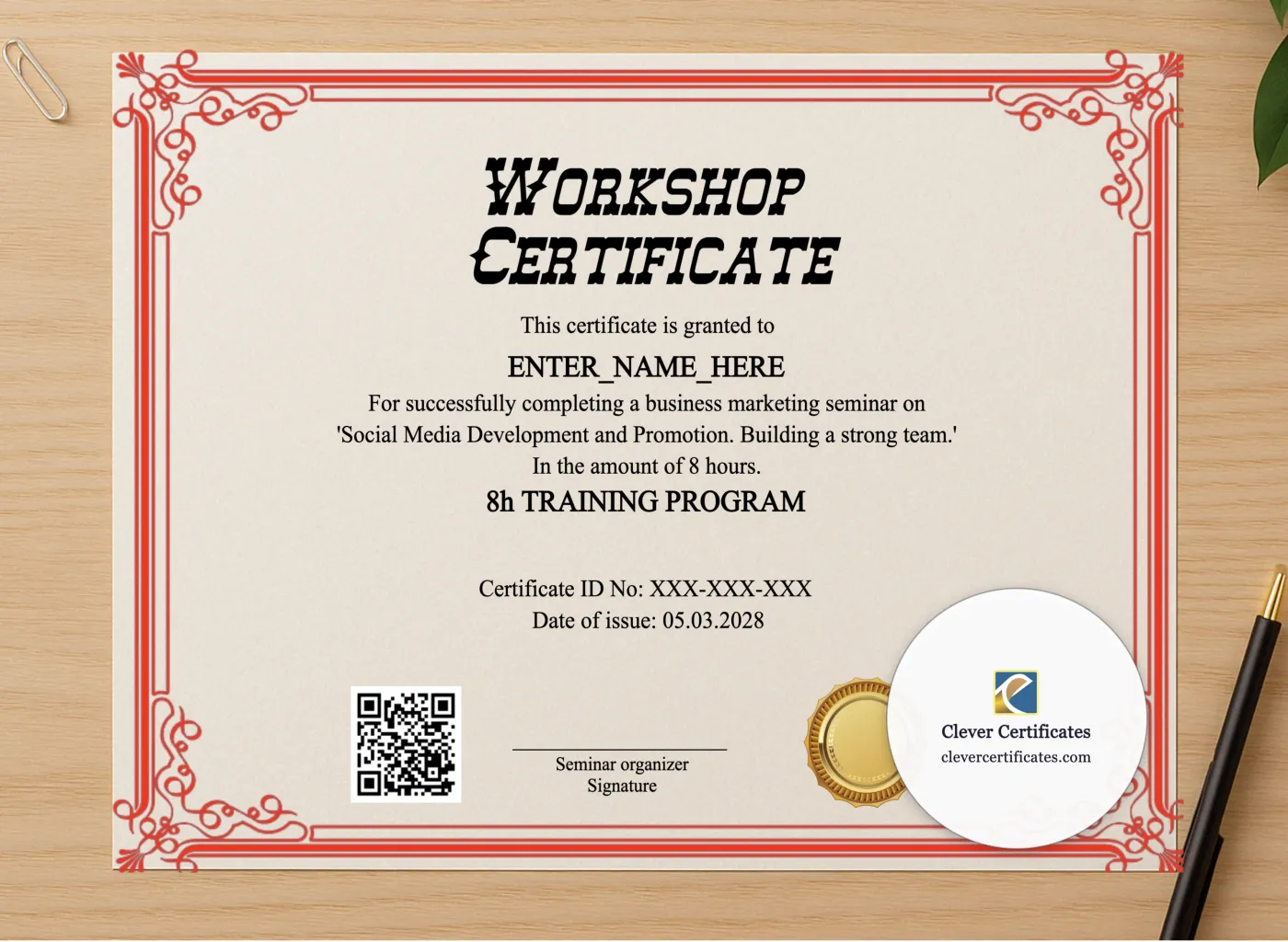 Professional preview of Seminar Workshop Certificate certificate on high-quality stationery paper, ideal for showcasing the final look.