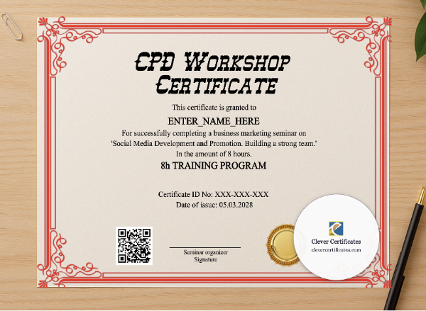 Professional preview of CPD Workshop Certificate certificate on high-quality stationery paper, ideal for showcasing the final look.