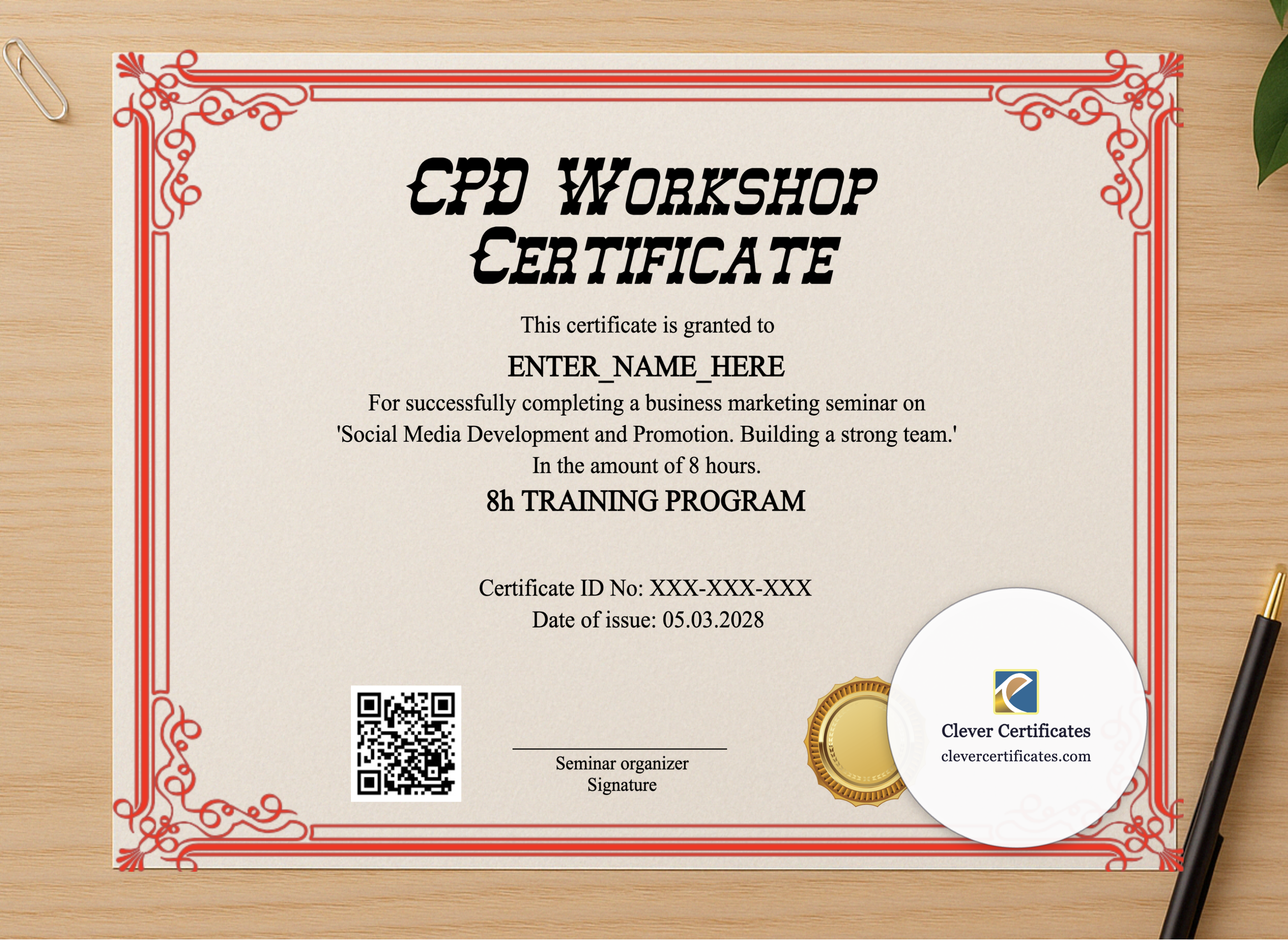 Professional preview of CPD Workshop Certificate certificate on high-quality stationery paper, ideal for showcasing the final look.