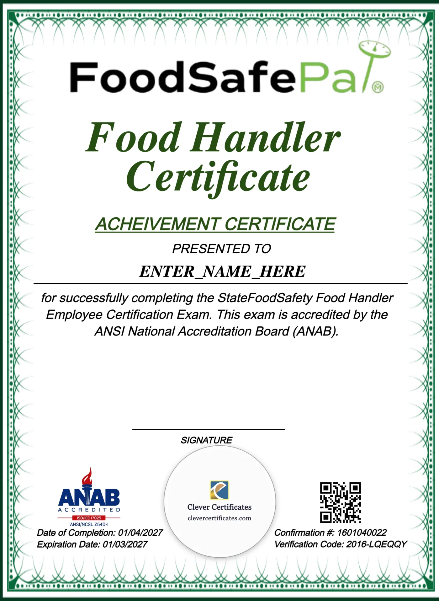  Food Handler Employee Certificate Portrait — Certificate Template Preview