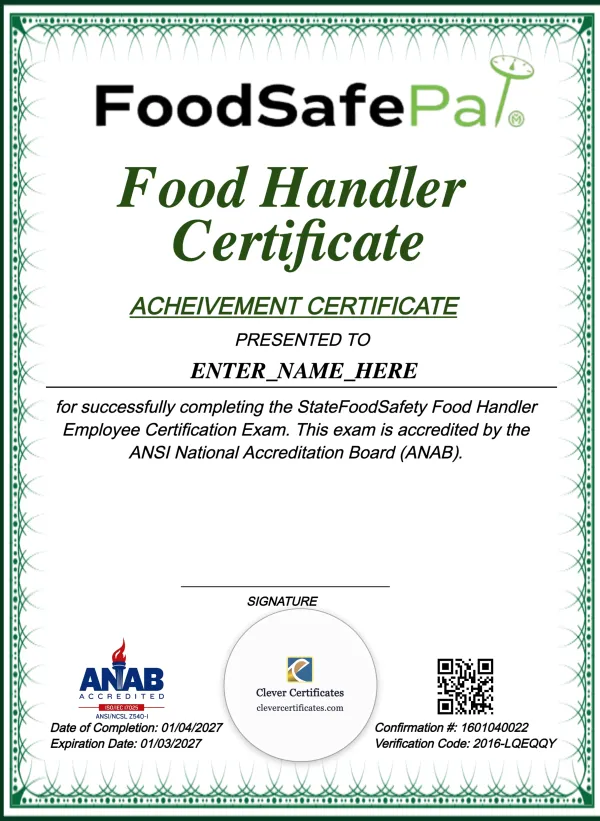  Food Handler Employee Certificate Portrait — Certificate Template Preview