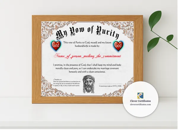 Realistic mockup featuring Vow Of Purity Certificate displayed within a modern frame, set against a minimalistic background.
