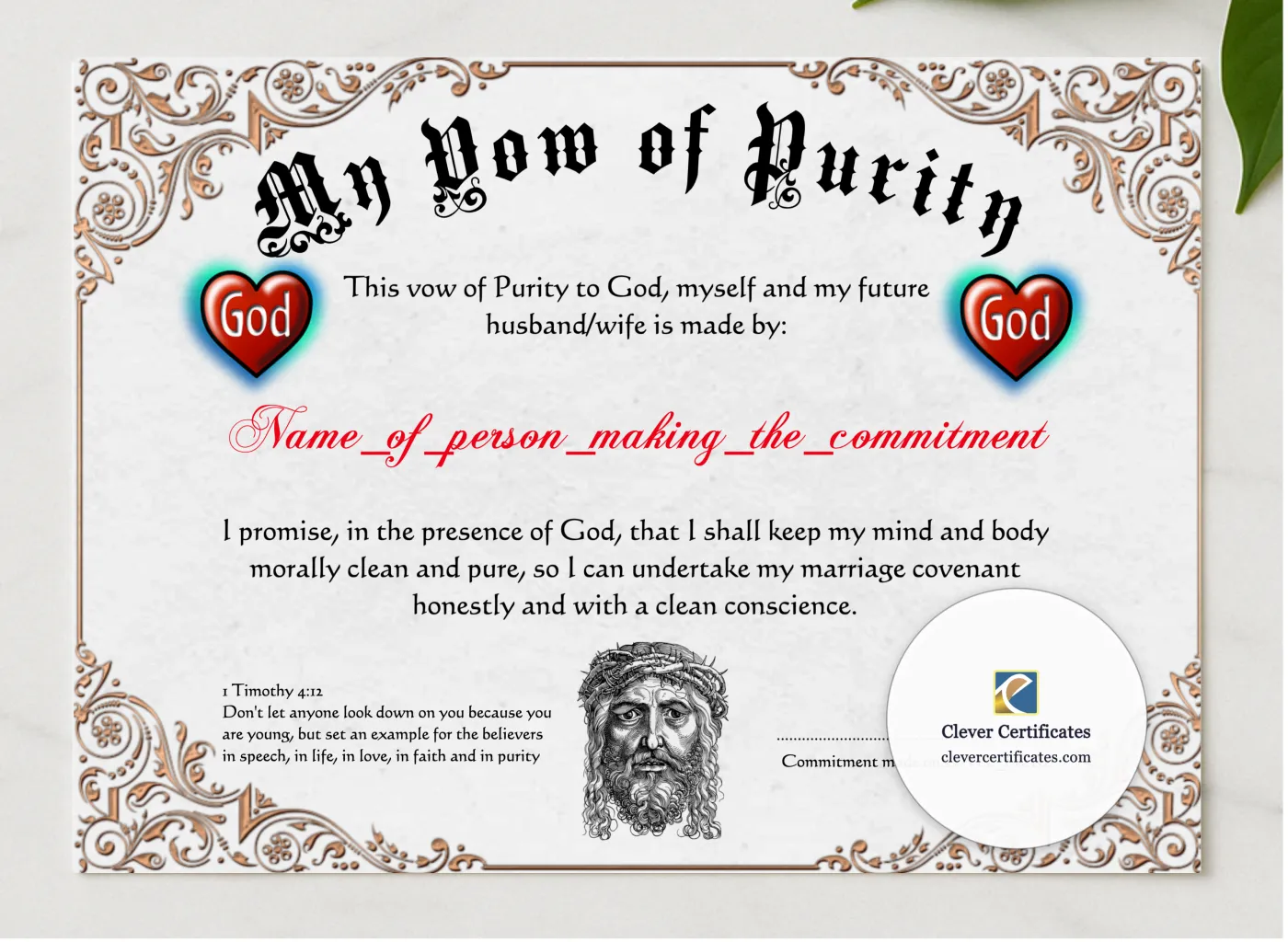Vow Of Purity Certificate presented in a sleek wooden frame, elegantly arranged on a stylish table.