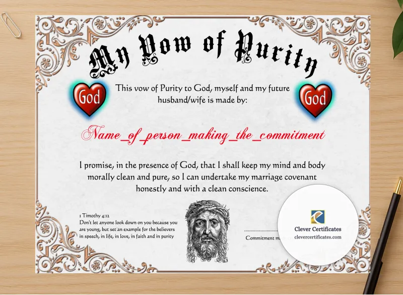 Professional preview of Vow Of Purity Certificate certificate on high-quality stationery paper, ideal for showcasing the final look.