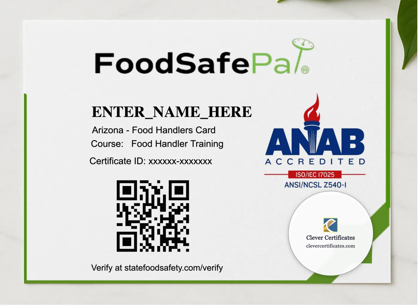 Food Handler Card Green presented in a sleek wooden frame, elegantly arranged on a stylish table.