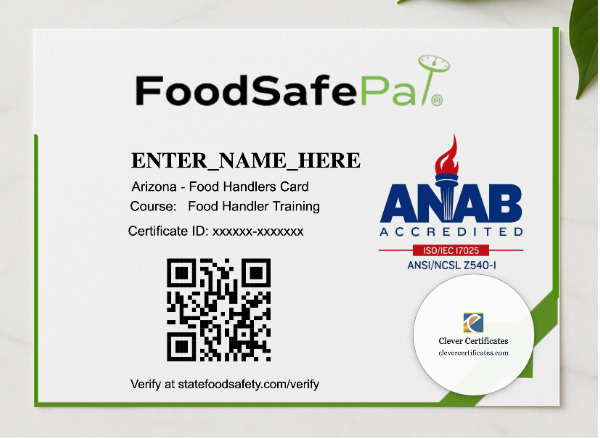 Food Handler Card Green presented in a sleek wooden frame, elegantly arranged on a stylish table.