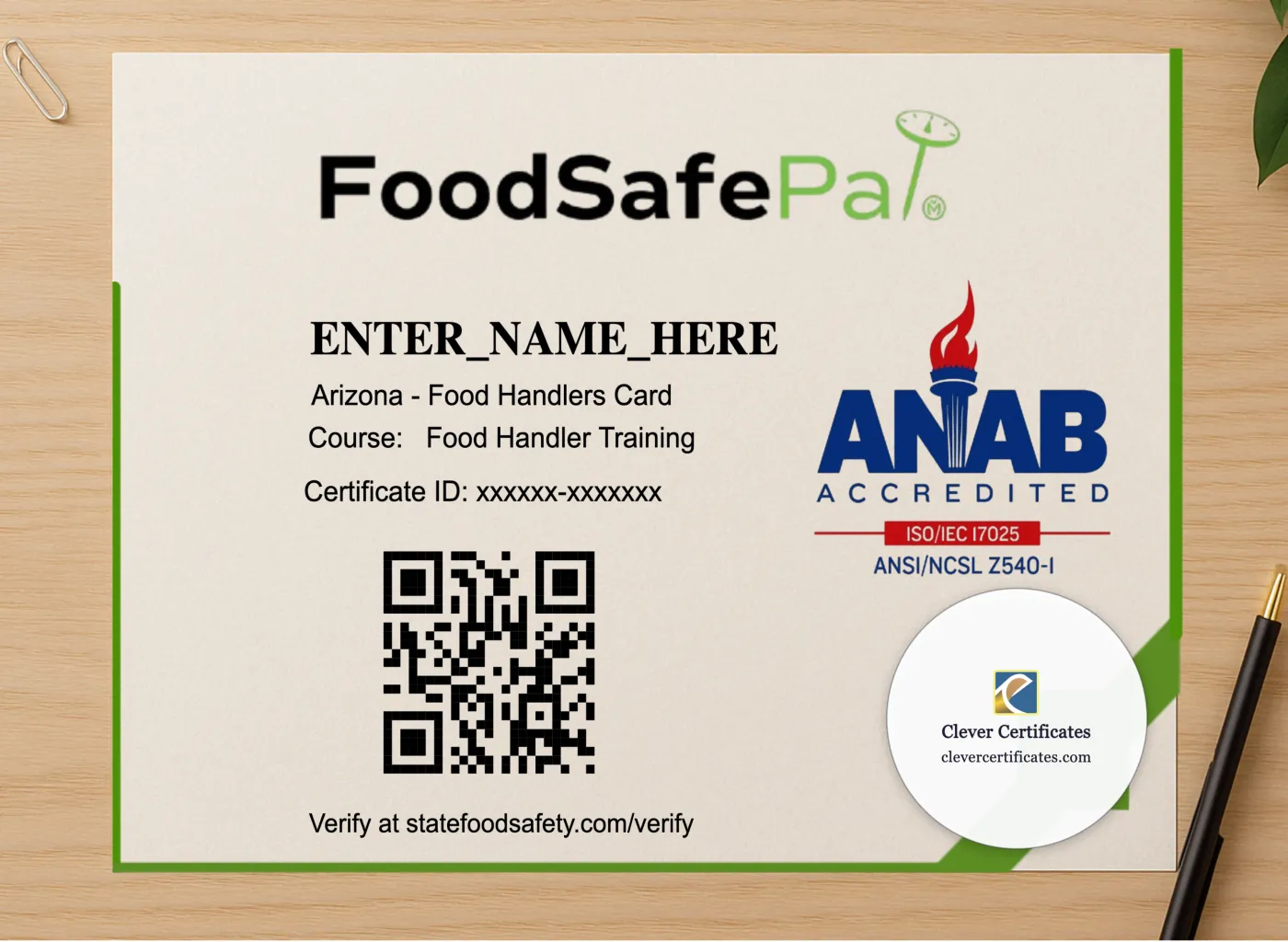 Professional preview of Food Handler Card Green certificate on high-quality stationery paper, ideal for showcasing the final look.