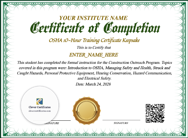 OSHA 10 Hour Training Certificate