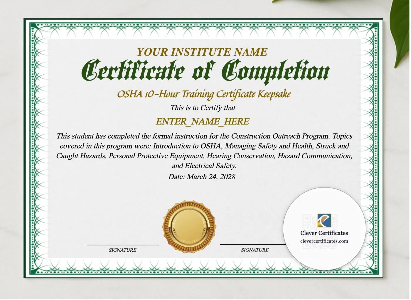 OSHA 10 Hour Training Certificate Keepsake Landscape presented in a sleek wooden frame, elegantly arranged on a stylish table.