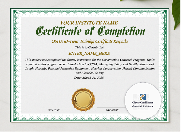 OSHA 10 Hour Training Certificate Keepsake Landscape presented in a sleek wooden frame, elegantly arranged on a stylish table.