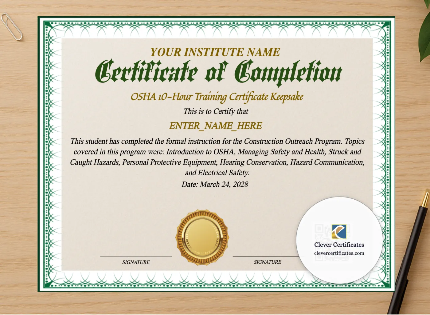 Professional preview of OSHA 10 Hour Training Certificate Keepsake Landscape certificate on high-quality stationery paper, ideal for showcasing the final look.