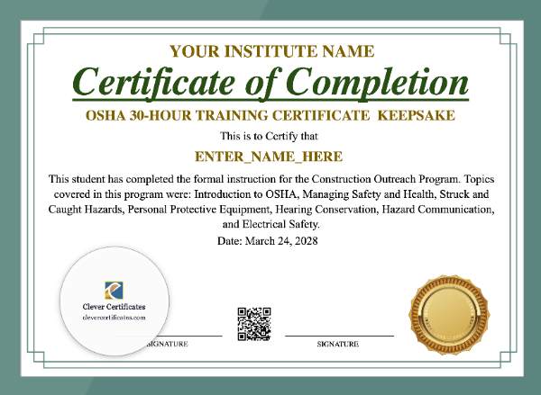 OSHA 30 Hour Training Certificate