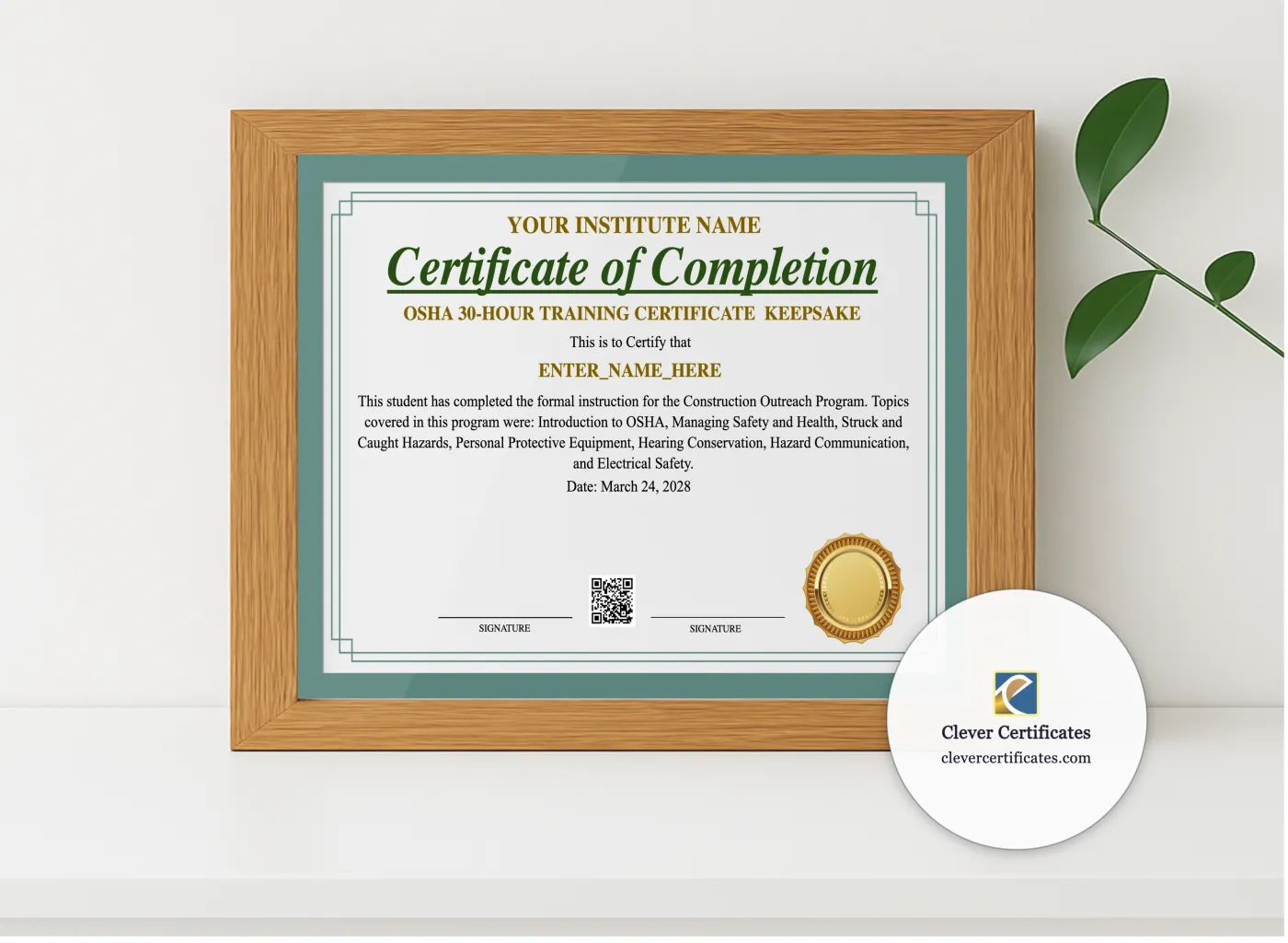 Realistic mockup featuring OSHA 30 Hour Training Certificate Keepsake Landscape displayed within a modern frame, set against a minimalistic background.