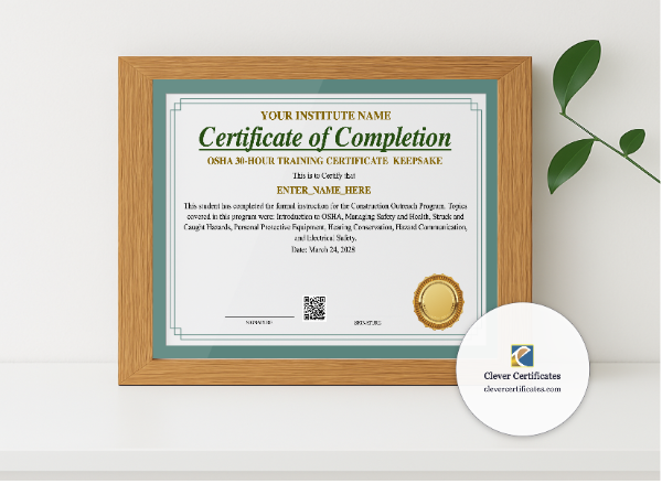 Realistic mockup featuring OSHA 30 Hour Training Certificate Keepsake Landscape displayed within a modern frame, set against a minimalistic background.