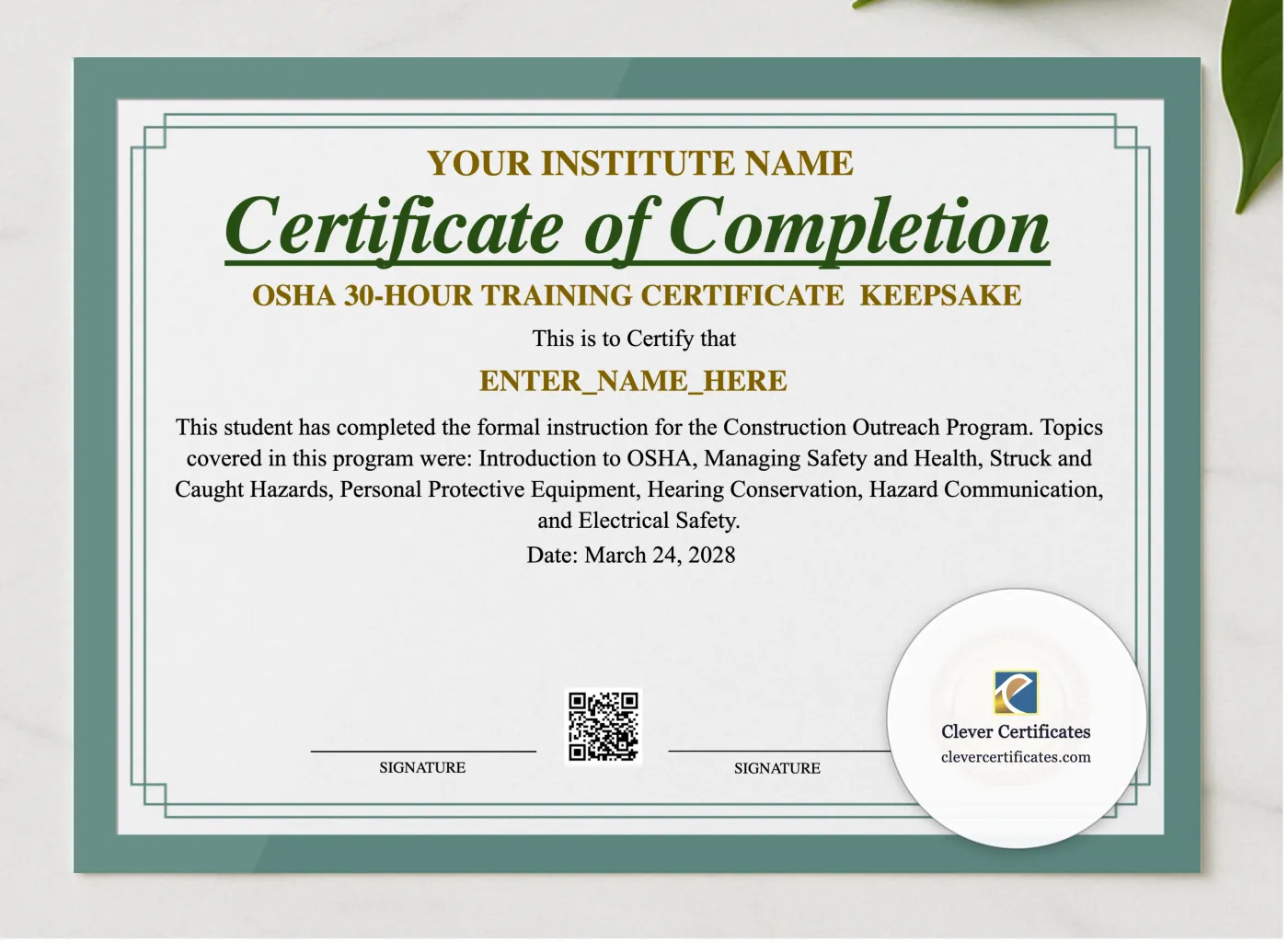 OSHA 30 Hour Training Certificate Keepsake Landscape presented in a sleek wooden frame, elegantly arranged on a stylish table.