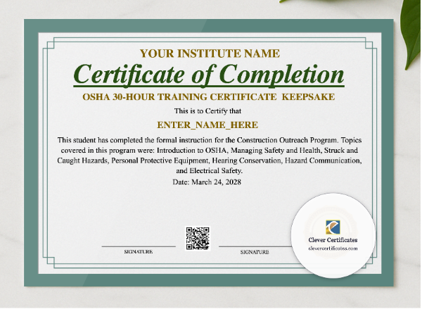 OSHA 30 Hour Training Certificate Keepsake Landscape presented in a sleek wooden frame, elegantly arranged on a stylish table.